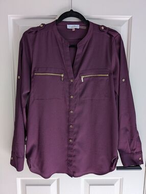 Calvin Klein Purple And Gold Button Down Blouse, Size Small